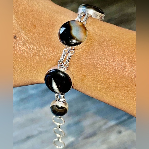 Black Botswana Banded Agate Bracelet 7” - 8 1/2” - Picture 4 of 8